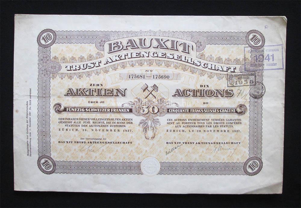 Svájc Bauxit Trust AG részvény 10x100 frank 1927 Zürich